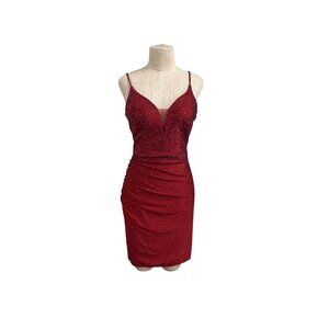 Dancing Queen Red Ruched Rhinestone Bodycon Dress With Lace-Up Back Size M